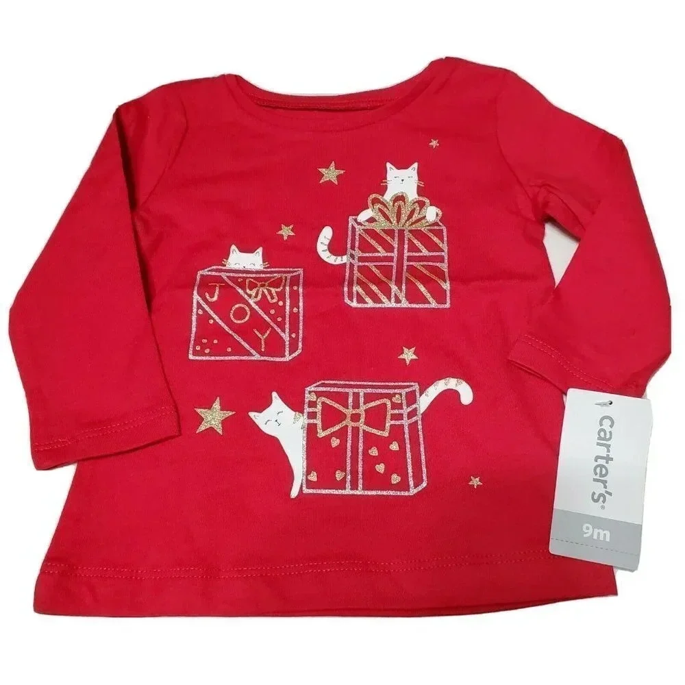𝅺Carter's Christmas T-shirt 9mth Red Long Sleeve Infant Holiday Xmas Cats New‎